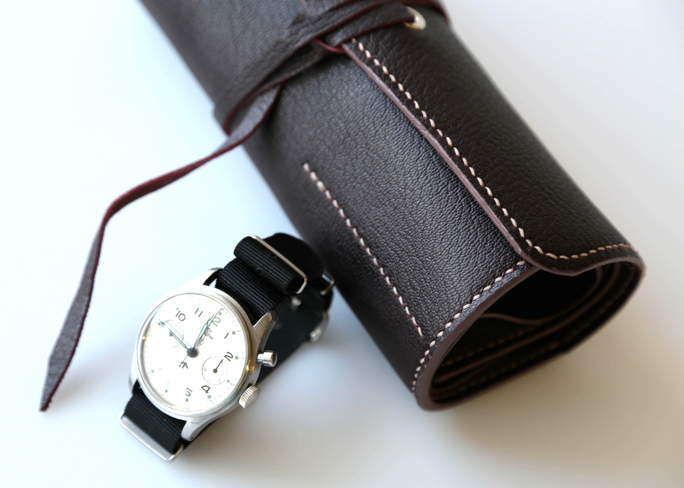 THREE POCKET WATCH ROLL BORDEAUX LEATHER  nyc